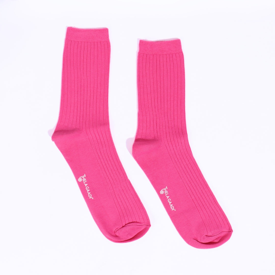 Thela Gaadi Crew sock - Pink Solid Ribbed Socks
